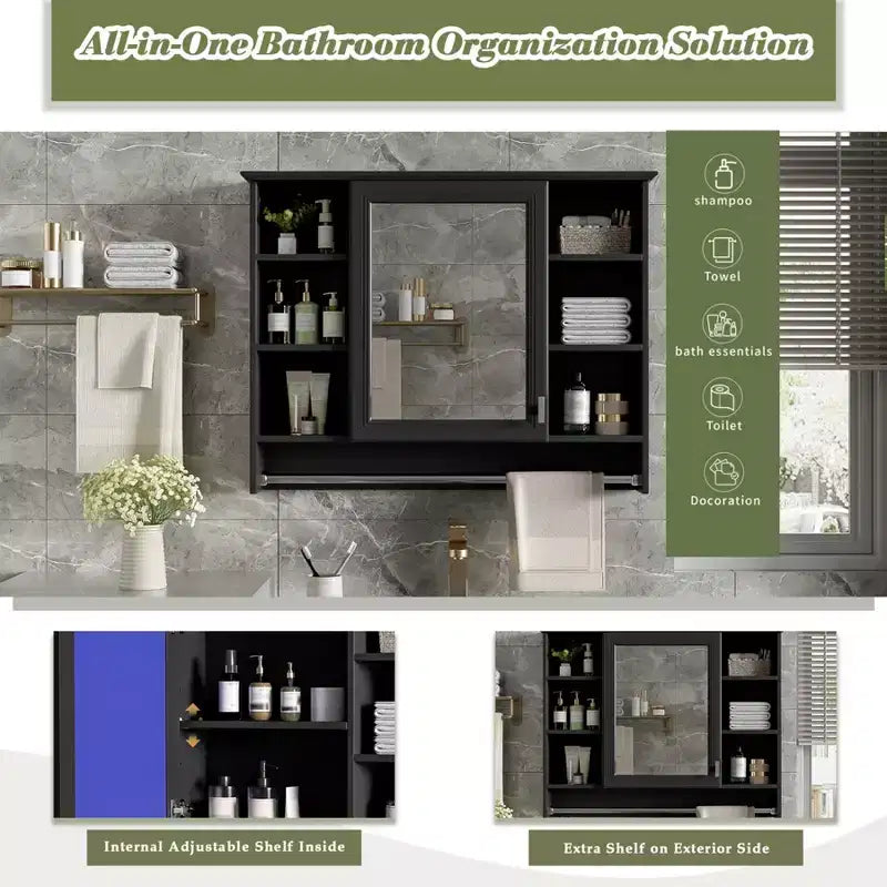 Gabinete de pared para baño de 36 pulgadas, botiquín montado en la pared con toallero y estantes abiertos, mueble flotante sobre el inodoro para almacenamiento en el baño