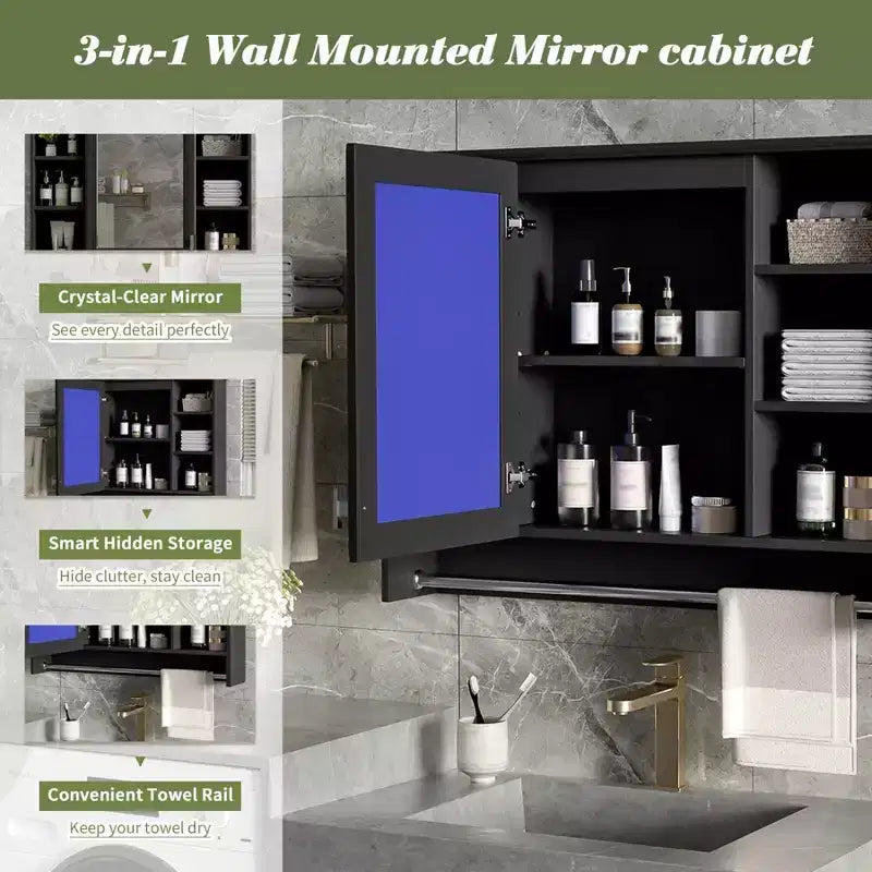 Gabinete de pared para baño de 36 pulgadas, botiquín montado en la pared con toallero y estantes abiertos, mueble flotante sobre el inodoro para almacenamiento en el baño