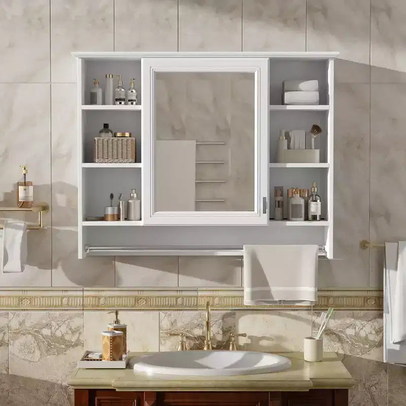 Gabinete de pared para baño de 36 pulgadas, botiquín montado en la pared con toallero y estantes abiertos, mueble flotante sobre el inodoro para almacenamiento en el baño