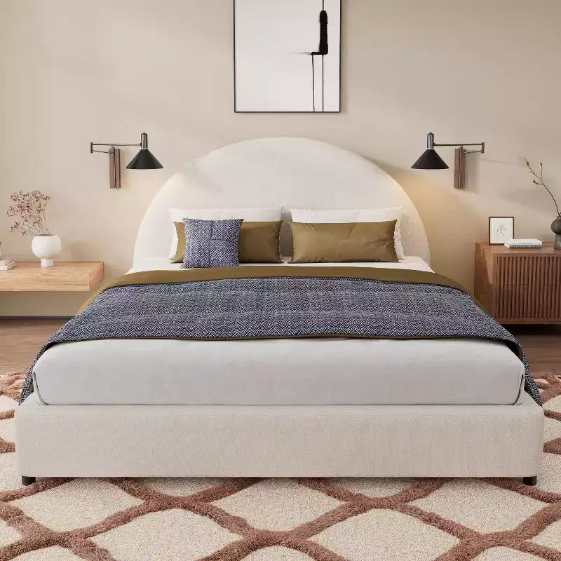 Estructura de cama tapizada Queen/King Size con cabecera acolchada curva redonda, blanco - ModernLuxe