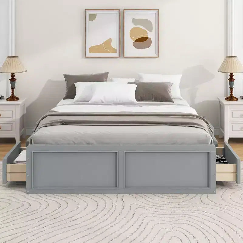 Camas de plataforma Queen con 6 cajones de almacenamiento, base de cama de plataforma Queen rústica de madera sin cabecera, gris