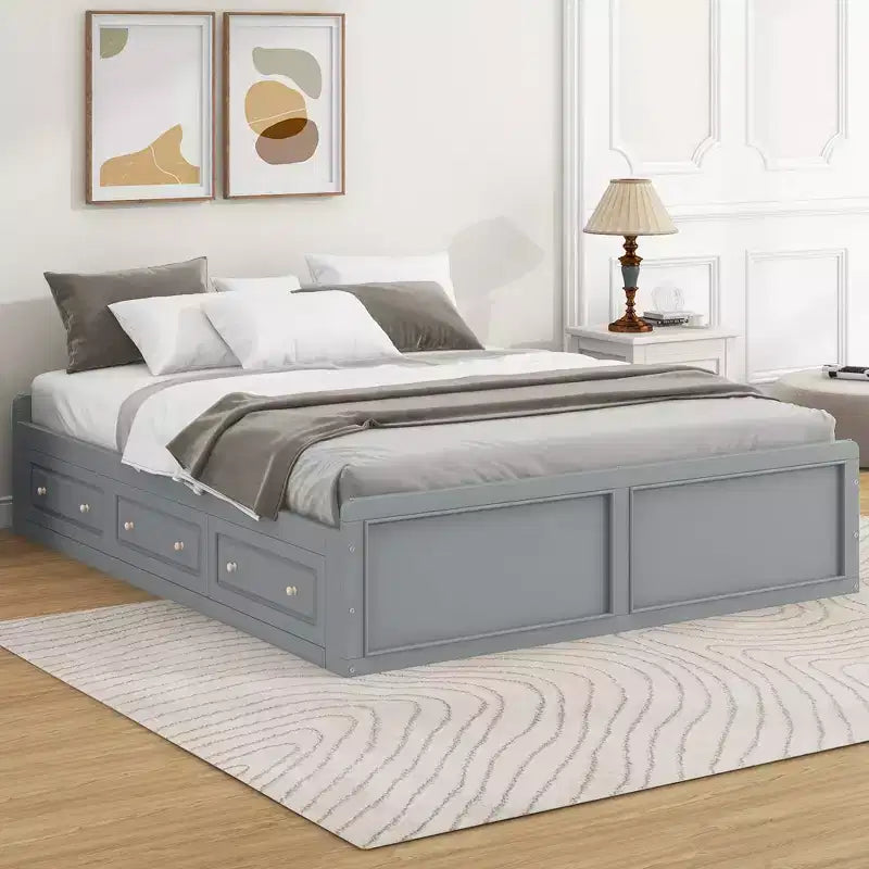 Camas de plataforma Queen con 6 cajones de almacenamiento, base de cama de plataforma Queen rústica de madera sin cabecera, gris
