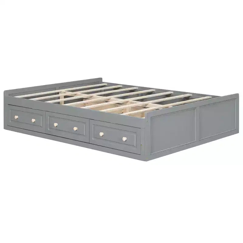Camas de plataforma Queen con 6 cajones de almacenamiento, base de cama de plataforma Queen rústica de madera sin cabecera, gris