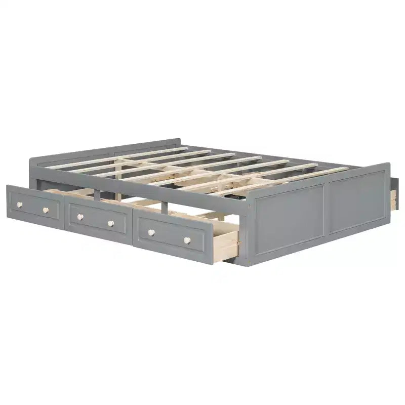 Camas de plataforma Queen con 6 cajones de almacenamiento, base de cama de plataforma Queen rústica de madera sin cabecera, gris