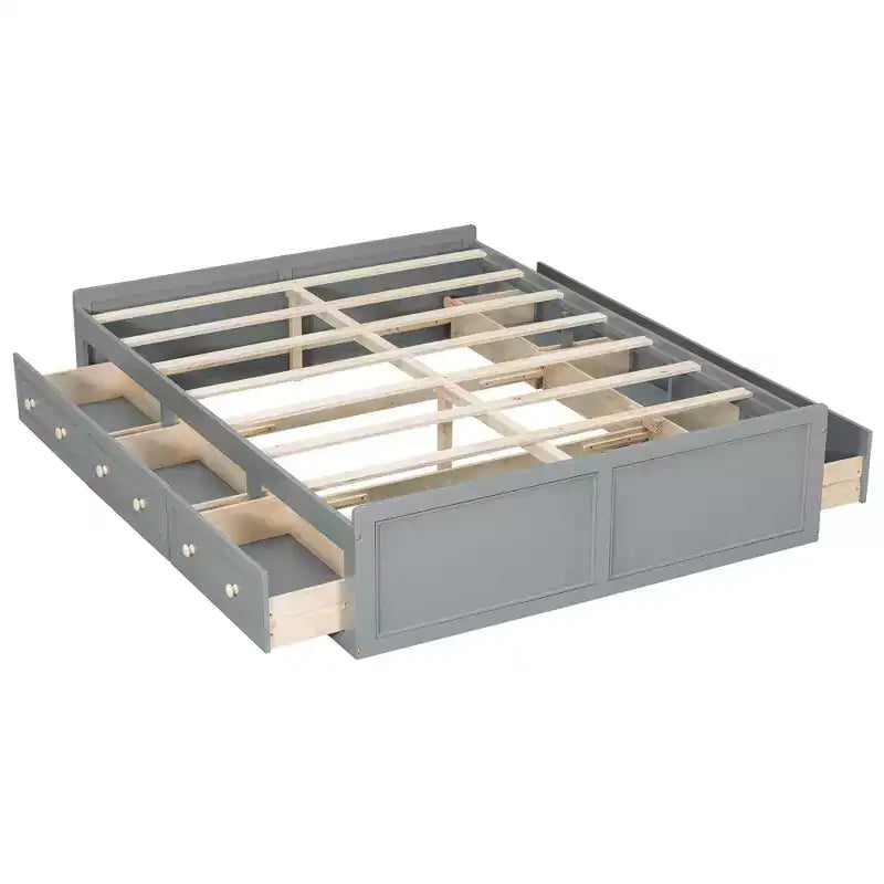 Camas de plataforma Queen con 6 cajones de almacenamiento, base de cama de plataforma Queen rústica de madera sin cabecera, gris