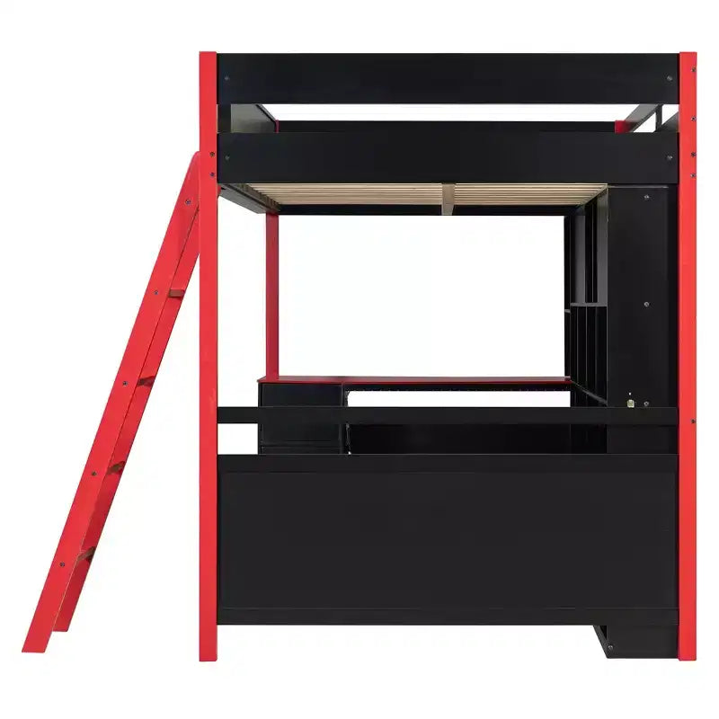 Cama alta moderna Luxystar de tamaño matrimonial con escritorio iluminado, 3 cajones y estantería de almacenamiento