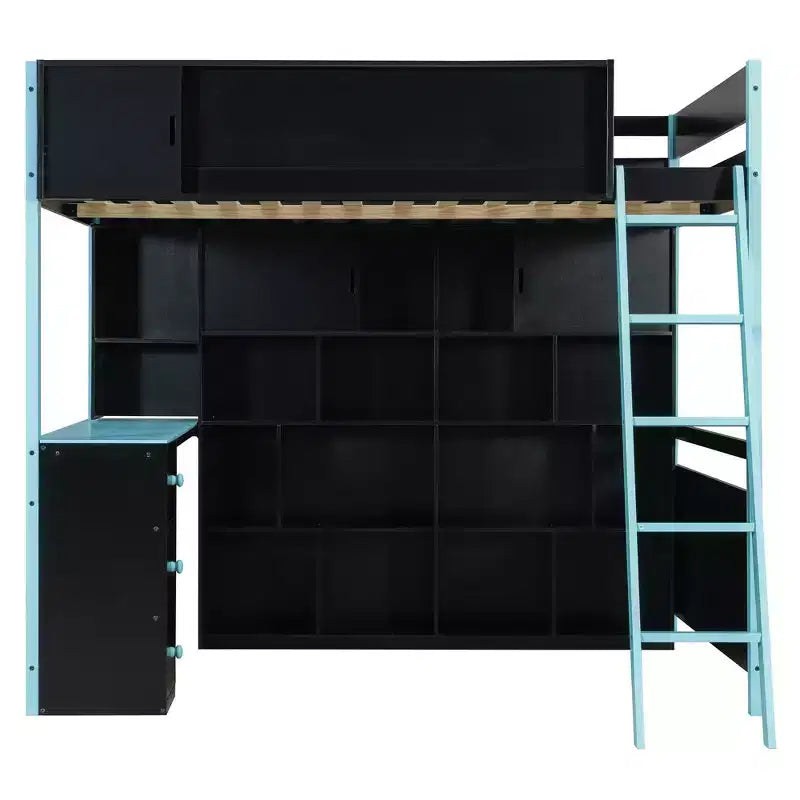 Cama alta moderna Luxystar de tamaño matrimonial con escritorio iluminado, 3 cajones y estantería de almacenamiento