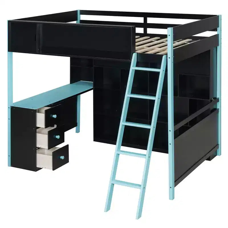 Cama alta moderna Luxystar de tamaño matrimonial con escritorio iluminado, 3 cajones y estantería de almacenamiento