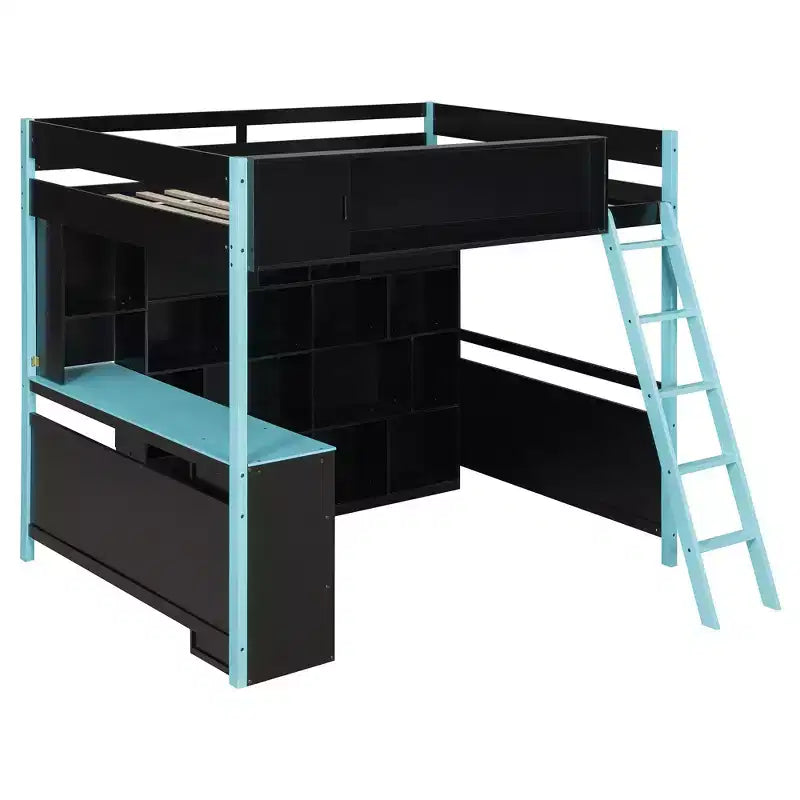 Cama alta moderna Luxystar de tamaño matrimonial con escritorio iluminado, 3 cajones y estantería de almacenamiento