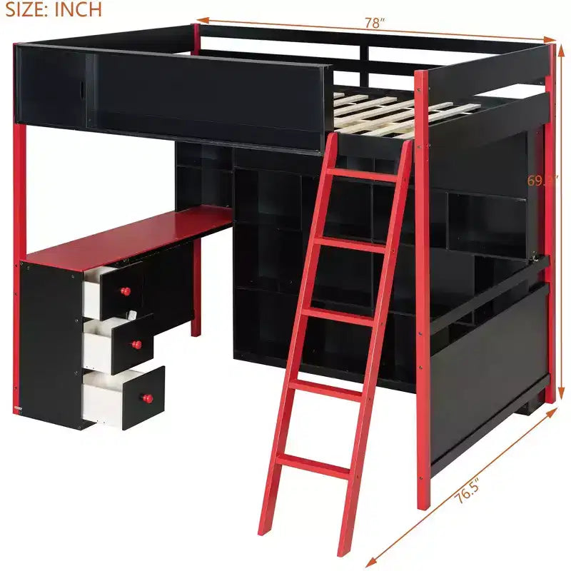 Cama alta moderna Luxystar de tamaño matrimonial con escritorio iluminado, 3 cajones y estantería de almacenamiento
