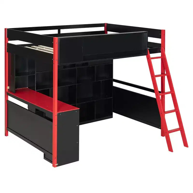 Cama alta moderna Luxystar de tamaño matrimonial con escritorio iluminado, 3 cajones y estantería de almacenamiento