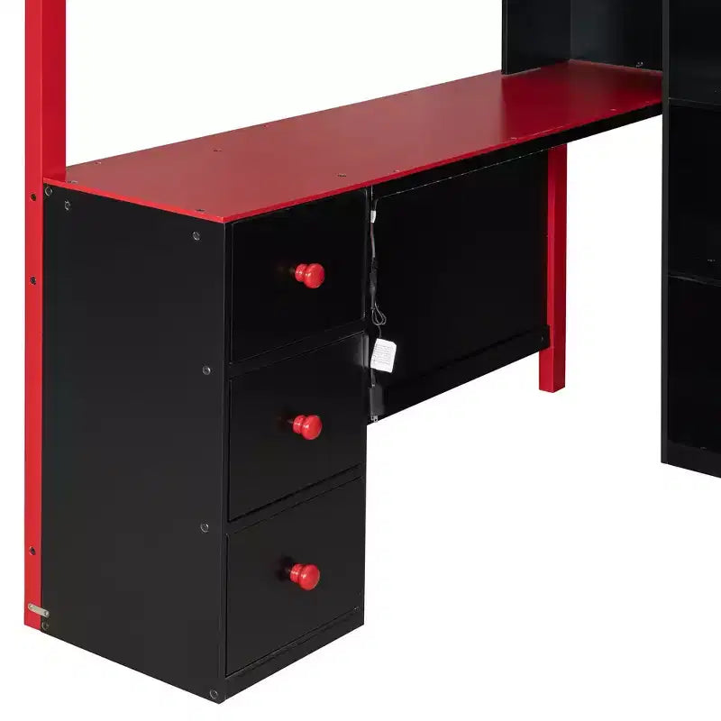 Cama alta moderna Luxystar de tamaño matrimonial con escritorio iluminado, 3 cajones y estantería de almacenamiento