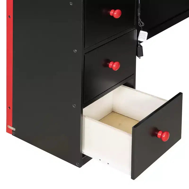 Cama alta moderna Luxystar de tamaño matrimonial con escritorio iluminado, 3 cajones y estantería de almacenamiento