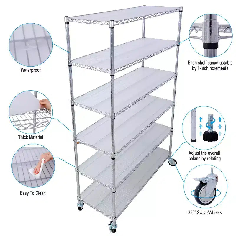 Estantería de Metal de Alambre NSF de 6 Niveles y 6000 Libras, Estante de Almacenamiento Ajustable Resistente con Ruedas y Forros (Cromado)