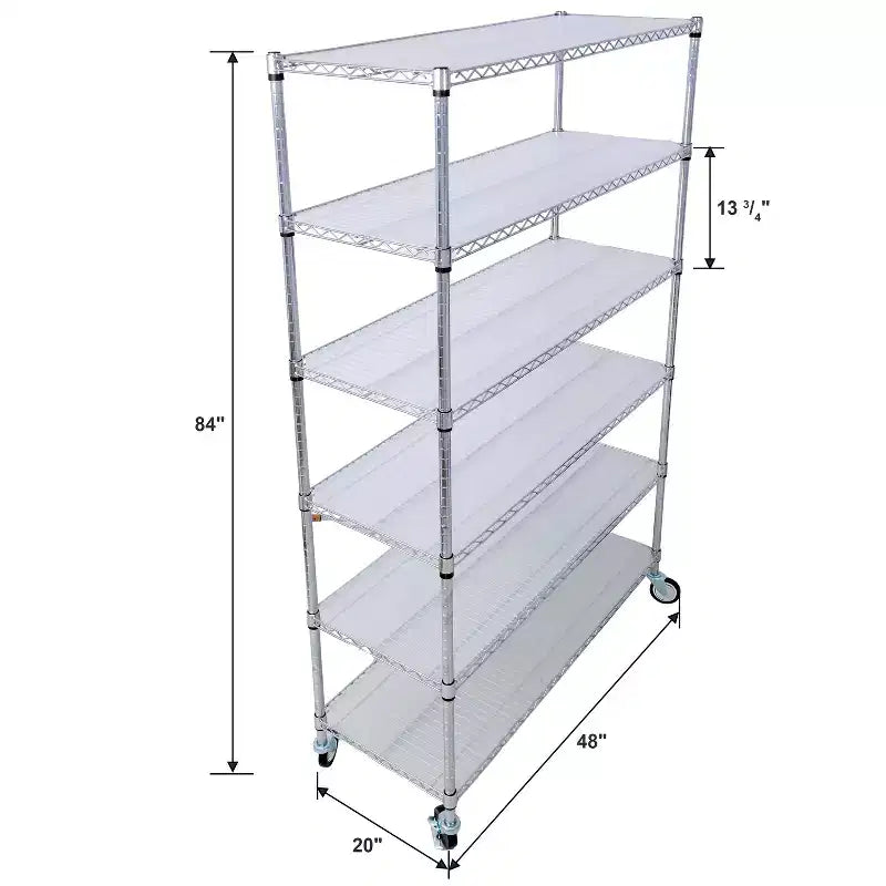 Estantería de Metal de Alambre NSF de 6 Niveles y 6000 Libras, Estante de Almacenamiento Ajustable Resistente con Ruedas y Forros (Cromado)