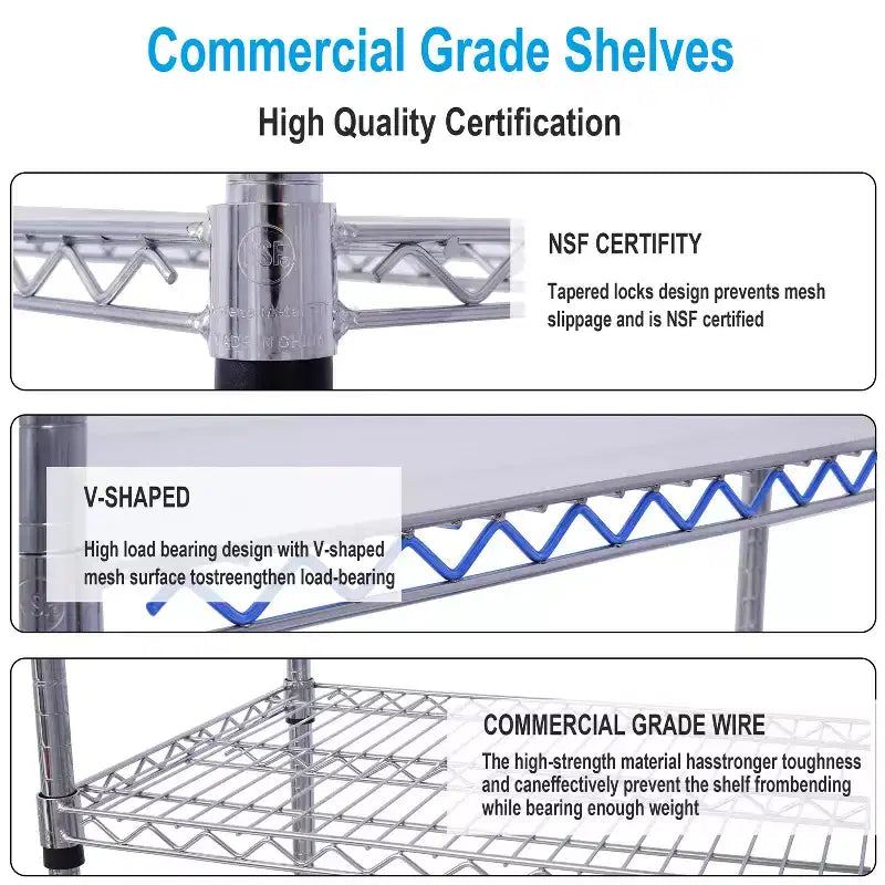 Estantería de Metal de Alambre NSF de 6 Niveles y 6000 Libras, Estante de Almacenamiento Ajustable Resistente con Ruedas y Forros (Cromado)