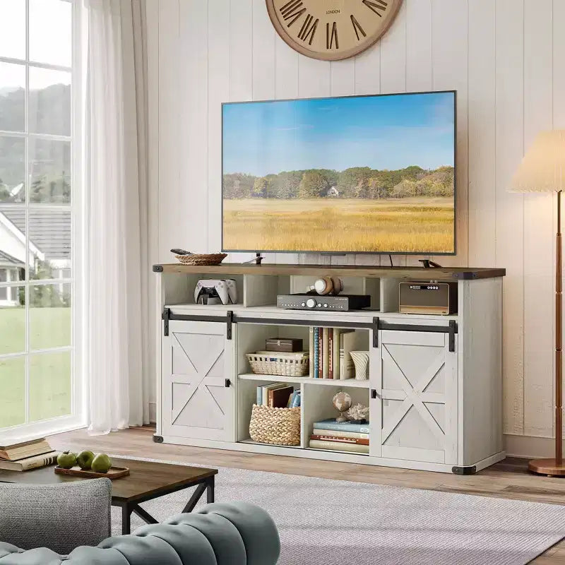 Mueble para TV de hasta 65 pulgadas, consola de TV estilo rústico, 2 puertas corredizas de granero, para sala de estar