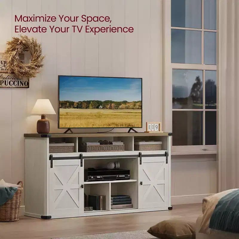 Mueble para TV de hasta 65 pulgadas, consola de TV estilo rústico, 2 puertas corredizas de granero, para sala de estar
