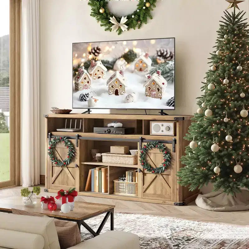 Mueble para TV de hasta 65 pulgadas, consola de TV estilo rústico, 2 puertas corredizas de granero, para sala de estar