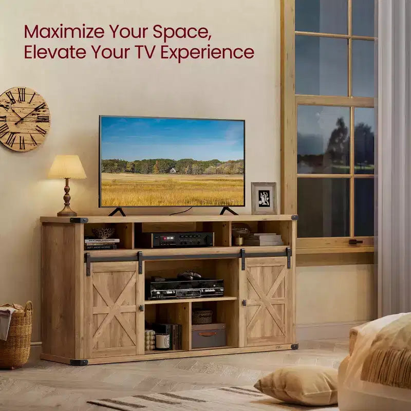 Mueble para TV de hasta 65 pulgadas, consola de TV estilo rústico, 2 puertas corredizas de granero, para sala de estar