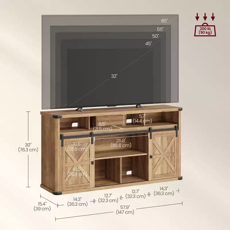 Mueble para TV de hasta 65 pulgadas, consola de TV estilo rústico, 2 puertas corredizas de granero, para sala de estar