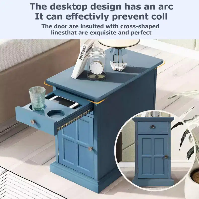 Mesa Auxiliar Vintage Clásica con Puertos USB y 1 Cajón con Portavasos, Mesa Estrecha para Sofá, Mesita de Noche para Sala de Estar, Dormitorio