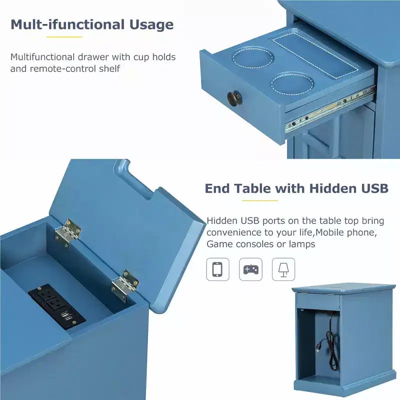 Mesa Auxiliar Vintage Clásica con Puertos USB y 1 Cajón con Portavasos, Mesa Estrecha para Sofá, Mesita de Noche para Sala de Estar, Dormitorio