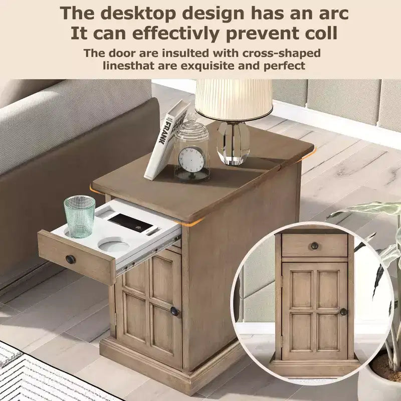 Mesa Auxiliar Vintage Clásica con Puertos USB y 1 Cajón con Portavasos, Mesa Estrecha para Sofá, Mesita de Noche para Sala de Estar, Dormitorio