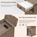 Mesa Auxiliar Vintage Clásica con Puertos USB y 1 Cajón con Portavasos, Mesa Estrecha para Sofá, Mesita de Noche para Sala de Estar, Dormitorio