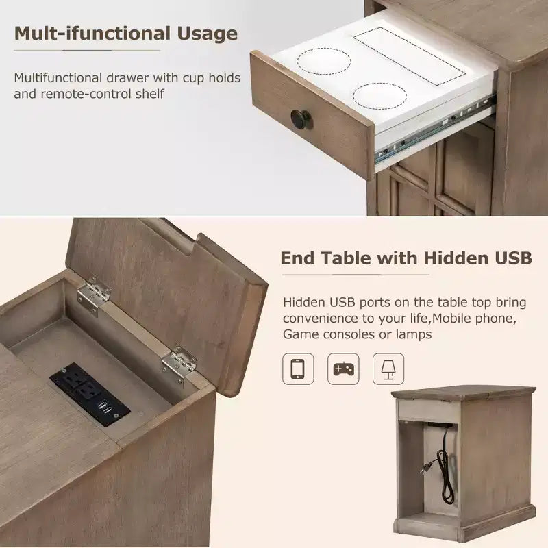 Mesa Auxiliar Vintage Clásica con Puertos USB y 1 Cajón con Portavasos, Mesa Estrecha para Sofá, Mesita de Noche para Sala de Estar, Dormitorio