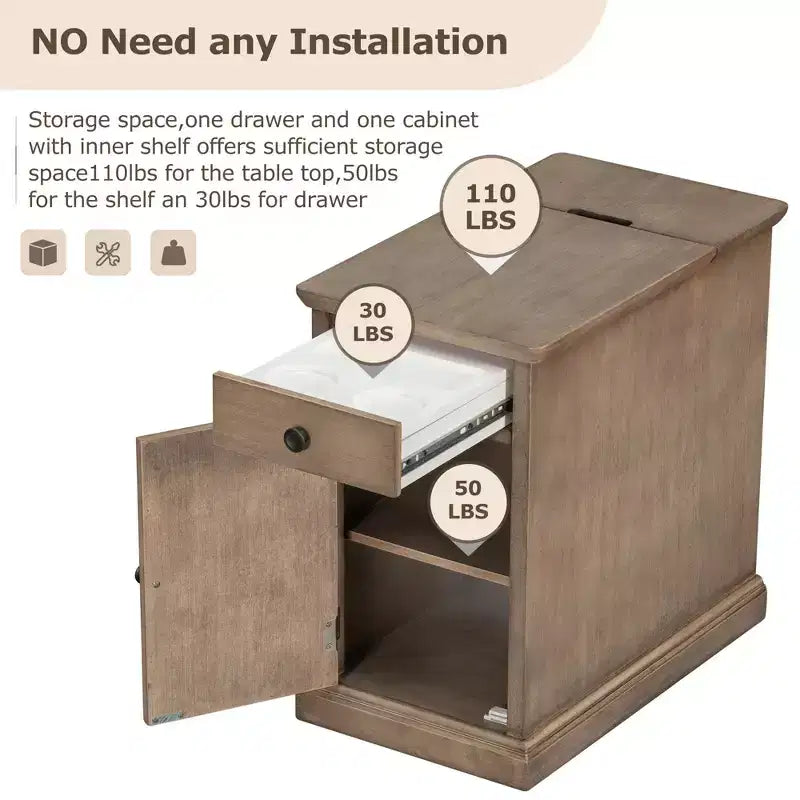 Mesa Auxiliar Vintage Clásica con Puertos USB y 1 Cajón con Portavasos, Mesa Estrecha para Sofá, Mesita de Noche para Sala de Estar, Dormitorio