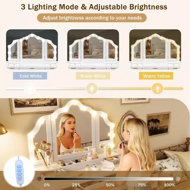Tocador de maquillaje de madera Lillian Boho moderno con espejo triple, 13 bombillas, 5 cajones y estación de carga