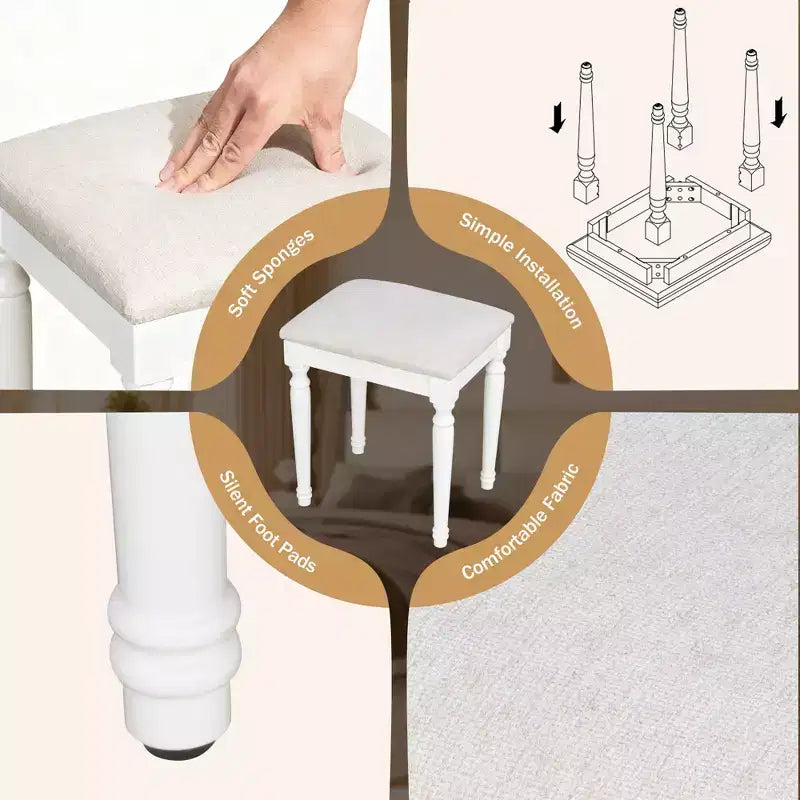 Tocador de maquillaje de madera Lillian Boho moderno con espejo triple, 13 bombillas, 5 cajones y estación de carga