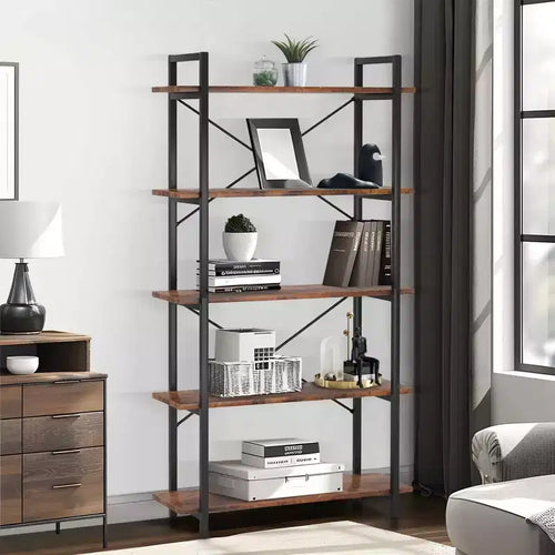 TUYOHW 5-Tier Industrial Bookshelf,Brown Metal Etagere Display Shelf - Open Bookcase for Living Room,Office,Storage & Decor