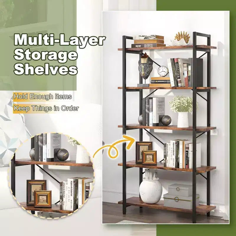 Estantería Industrial de 5 Niveles, Estantería Etagere de Metal Marrón - Librero Abierto para Sala de Estar, Oficina, Almacenamiento y Decoración