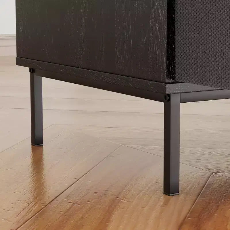 35 Soporte para tocadiscos ecológico con tapa abatible, consola multimedia de MDF+metal negro con regleta de 2 tomas y almacenamiento a prueba de polvo