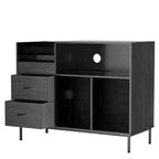35 Soporte para tocadiscos ecológico con tapa abatible, consola multimedia de MDF+metal negro con regleta de 2 tomas y almacenamiento a prueba de polvo