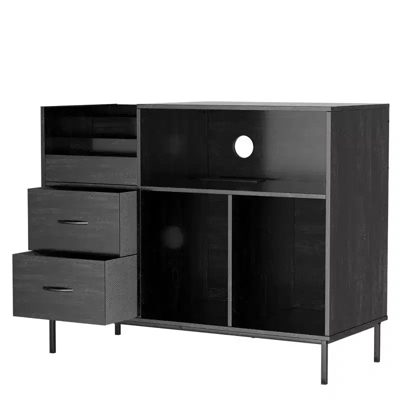 35 Soporte para tocadiscos ecológico con tapa abatible, consola multimedia de MDF+metal negro con regleta de 2 tomas y almacenamiento a prueba de polvo