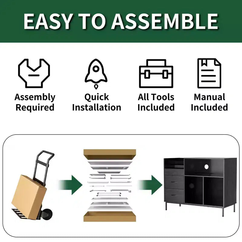 35 Soporte para tocadiscos ecológico con tapa abatible, consola multimedia de MDF+metal negro con regleta de 2 tomas y almacenamiento a prueba de polvo