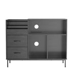 35 Soporte para tocadiscos ecológico con tapa abatible, consola multimedia de MDF+metal negro con regleta de 2 tomas y almacenamiento a prueba de polvo