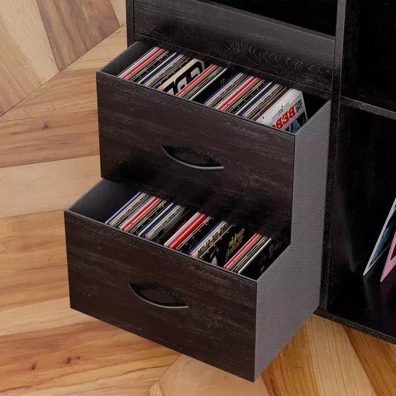 35 Soporte para tocadiscos ecológico con tapa abatible, consola multimedia de MDF+metal negro con regleta de 2 tomas y almacenamiento a prueba de polvo