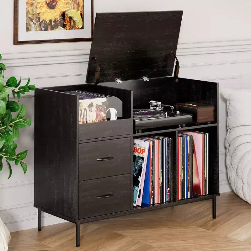 35 Soporte para tocadiscos ecológico con tapa abatible, consola multimedia de MDF+metal negro con regleta de 2 tomas y almacenamiento a prueba de polvo