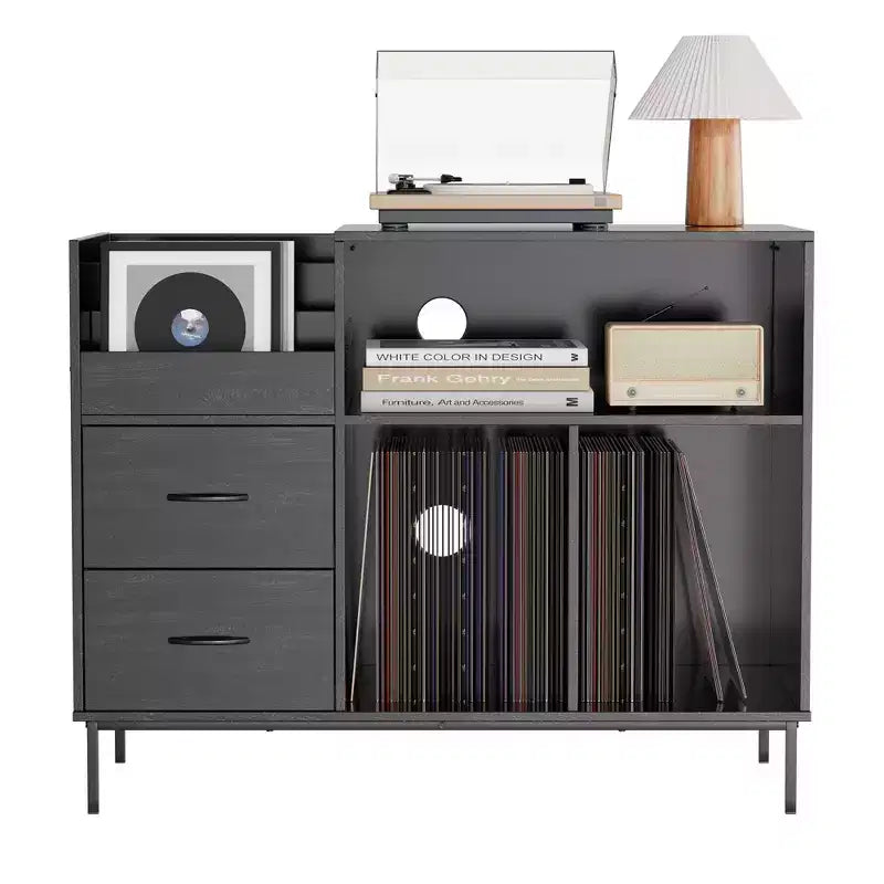35 Soporte para tocadiscos ecológico con tapa abatible, consola multimedia de MDF+metal negro con regleta de 2 tomas y almacenamiento a prueba de polvo