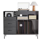 35 Soporte para tocadiscos ecológico con tapa abatible, consola multimedia de MDF+metal negro con regleta de 2 tomas y almacenamiento a prueba de polvo
