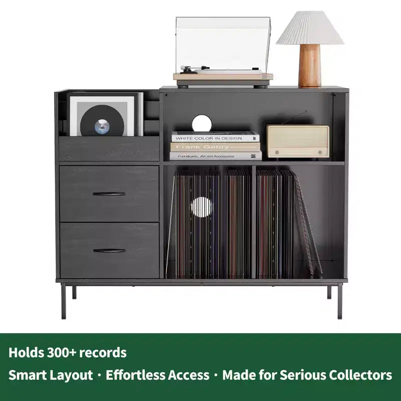 35 Soporte para tocadiscos ecológico con tapa abatible, consola multimedia de MDF+metal negro con regleta de 2 tomas y almacenamiento a prueba de polvo