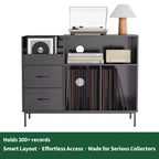 35 Soporte para tocadiscos ecológico con tapa abatible, consola multimedia de MDF+metal negro con regleta de 2 tomas y almacenamiento a prueba de polvo