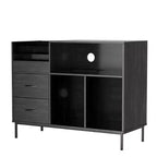 35 Soporte para tocadiscos ecológico con tapa abatible, consola multimedia de MDF+metal negro con regleta de 2 tomas y almacenamiento a prueba de polvo