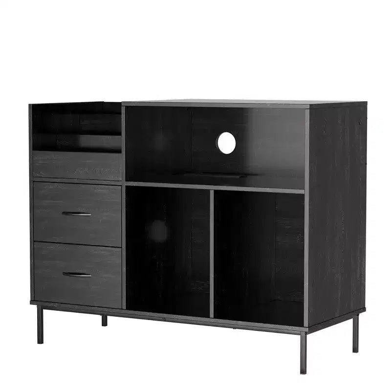 35 Soporte para tocadiscos ecológico con tapa abatible, consola multimedia de MDF+metal negro con regleta de 2 tomas y almacenamiento a prueba de polvo