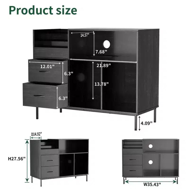 35 Soporte para tocadiscos ecológico con tapa abatible, consola multimedia de MDF+metal negro con regleta de 2 tomas y almacenamiento a prueba de polvo