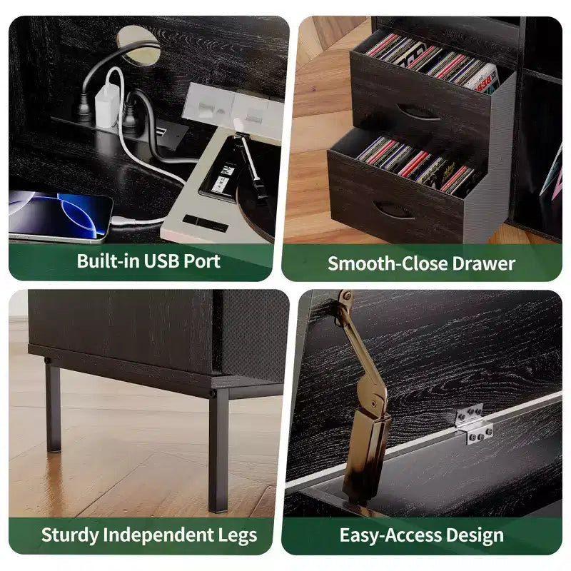 35 Soporte para tocadiscos ecológico con tapa abatible, consola multimedia de MDF+metal negro con regleta de 2 tomas y almacenamiento a prueba de polvo